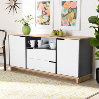 Baxton Studio MPC8005-Oak/Grey/White-Sideboard Reed Mid-Century Modern Multicolor 2-Door Wood Dining Room Sideboard